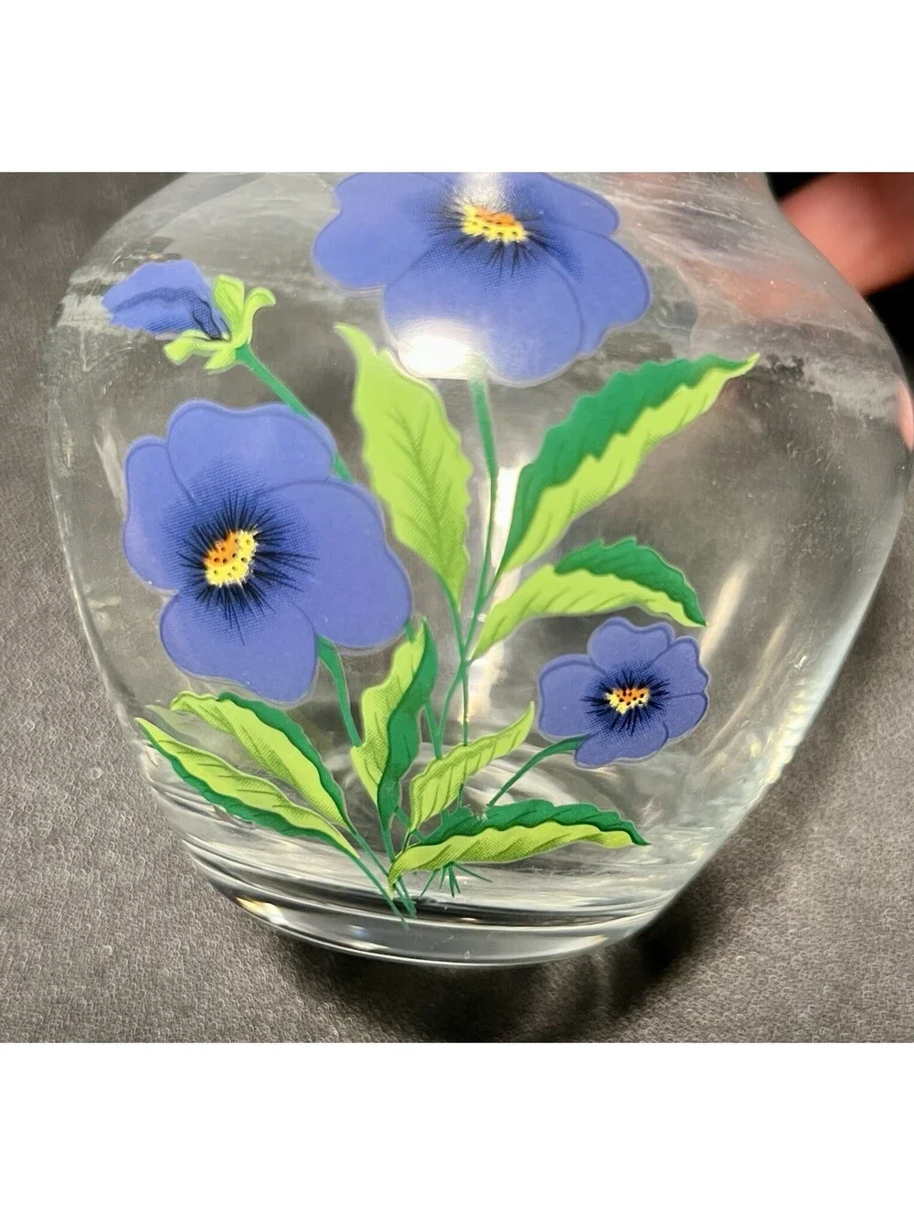 Vintage 1980s Clear Glass Blue Pansy Floral Posy Bud Vase, 2.75x4.5”